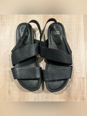 Eileen Fisher Black Leather Cross-Strap Slingback Sandals